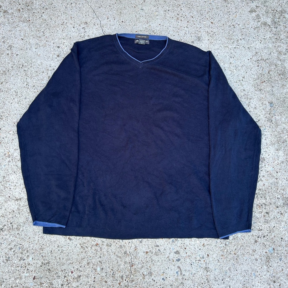 Vintage 90s Eddie Bauer Pima Cotton Sweatshirt Men XL Navy Blue V-Neck Sweater